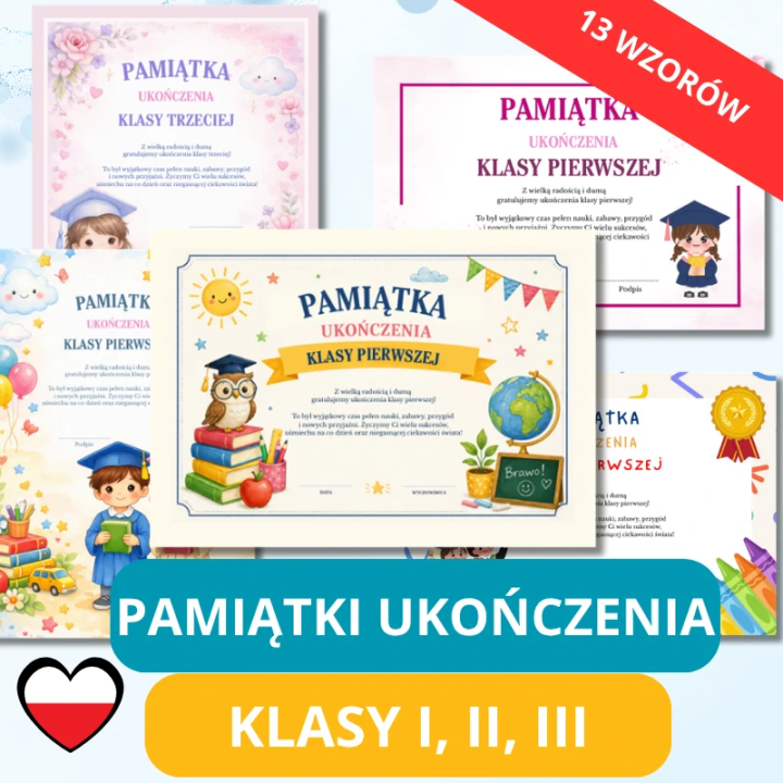Pamiątki ukończenia klasy 1–3 PDF | 13 wzorów do druku A4