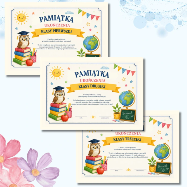 Pamiątki ukończenia klasy 1–3 PDF | 13 wzorów do druku A4