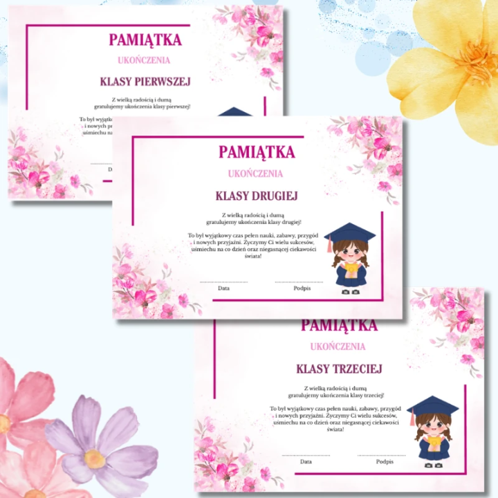 Pamiątki ukończenia klasy 1–3 PDF | 13 wzorów do druku A4