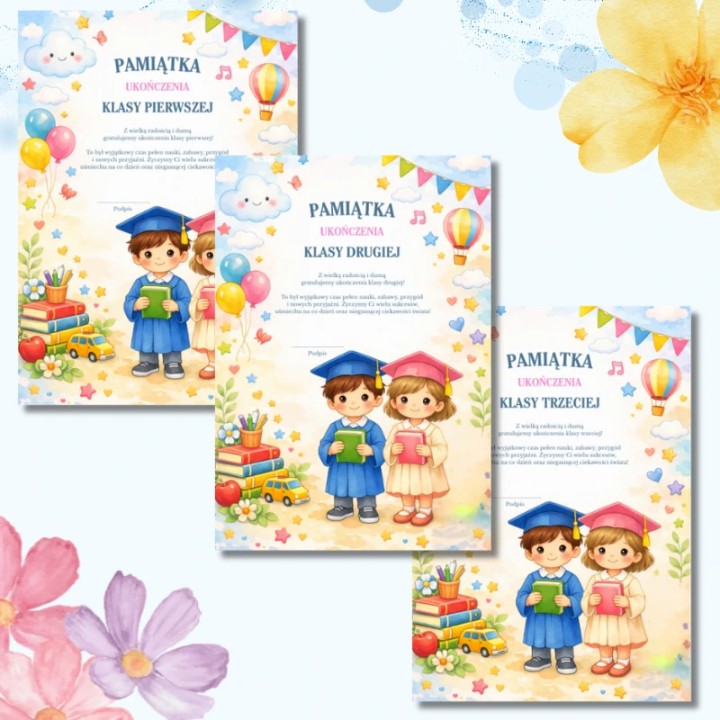 Pamiątki ukończenia klasy 1–3 PDF | 13 wzorów do druku A4