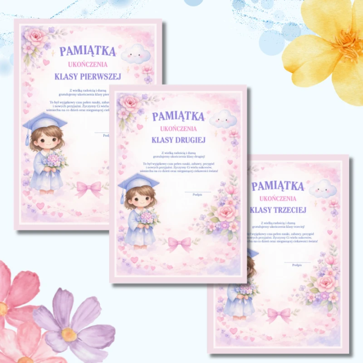 Pamiątki ukończenia klasy 1–3 PDF | 13 wzorów do druku A4