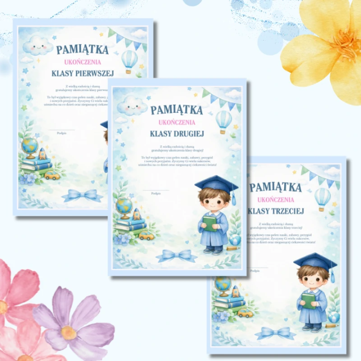Pamiątki ukończenia klasy 1–3 PDF | 13 wzorów do druku A4