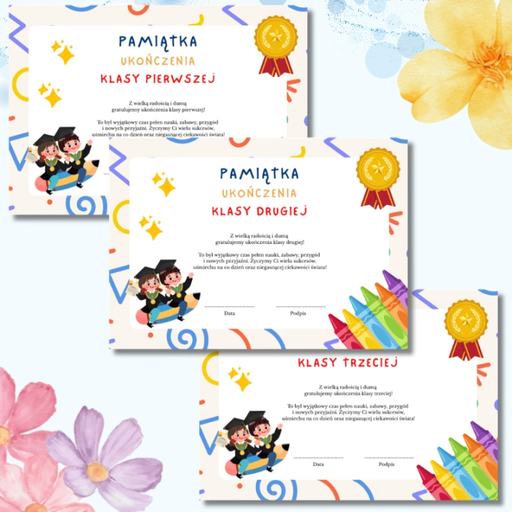 Pamiątki ukończenia klasy 1–3 PDF | 13 wzorów do druku A4