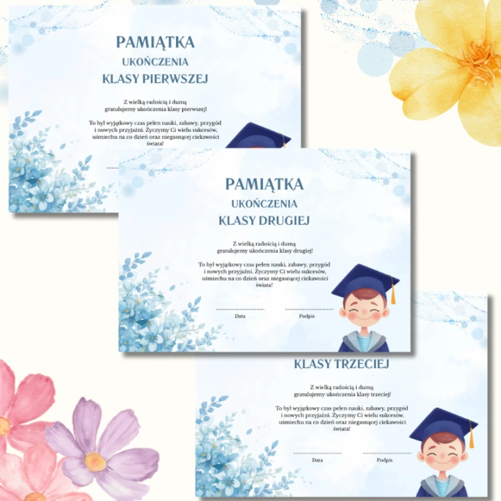 Pamiątki ukończenia klasy 1–3 PDF | 13 wzorów do druku A4