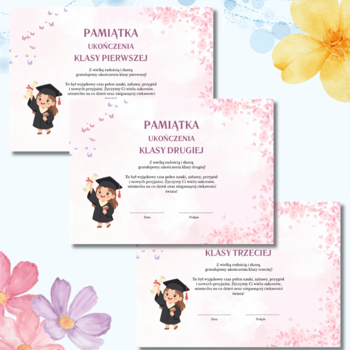 Pamiątki ukończenia klasy 1–3 PDF | 13 wzorów do druku A4