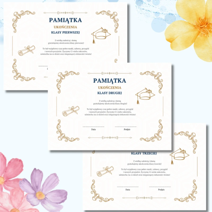 Pamiątki ukończenia klasy 1–3 PDF | 13 wzorów do druku A4