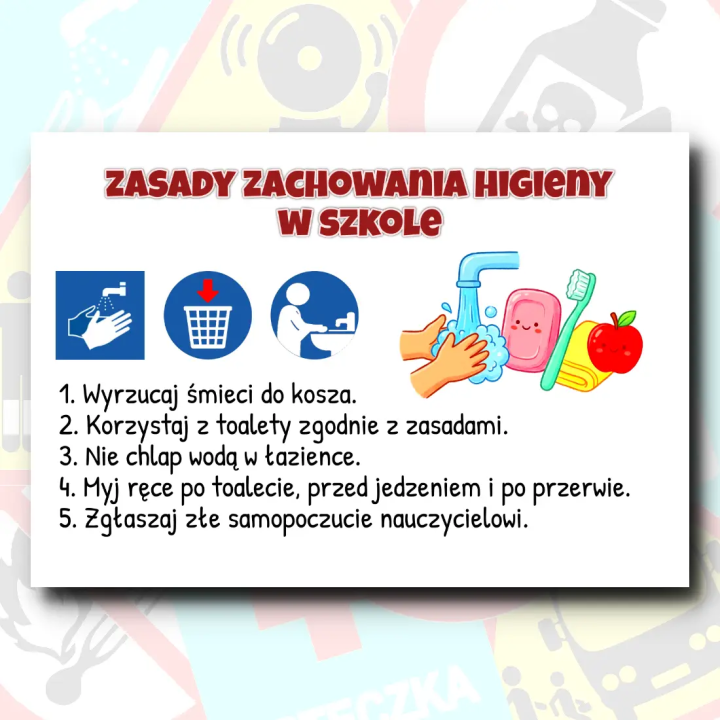 Zasady zachowania w szkole - komplet 17 kart tematycznych do gazetki szkolnej