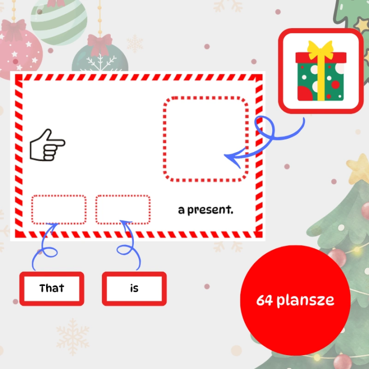 Świąteczny zestaw edukacyjny to idealne narzędzie do nauki i utrwalania zaimków wskazujących.