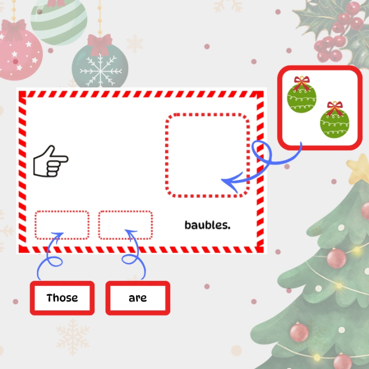 Świąteczny zestaw edukacyjny to idealne narzędzie do nauki i utrwalania zaimków wskazujących.